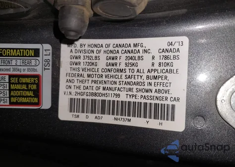 2013 Honda Civic Ex from USA, damaged, VIN 2HGFG3B80DH511799